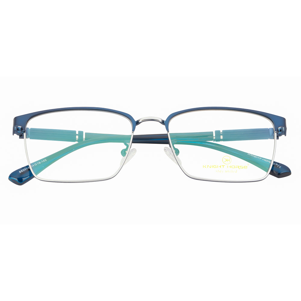 Knight Horse Optical Frames | Sleek Rectangle Shape | Metal Front & TR Arms | Blue & Silver