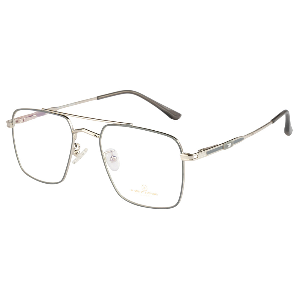 Knight Horse Men's Eyewear Frame – Stylish Square Metal| Double Bar| Silver & Grey