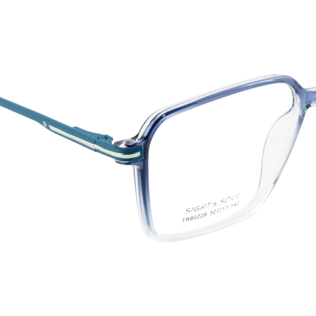 Dual Color Frame – Glossy Blue Front, Transparent Sides, Spring Hinges