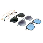 Gold Color Metal Frame with 3 Magnetic Clip-On Lenses | Double Bar Design | Spring Hinges | Unisex