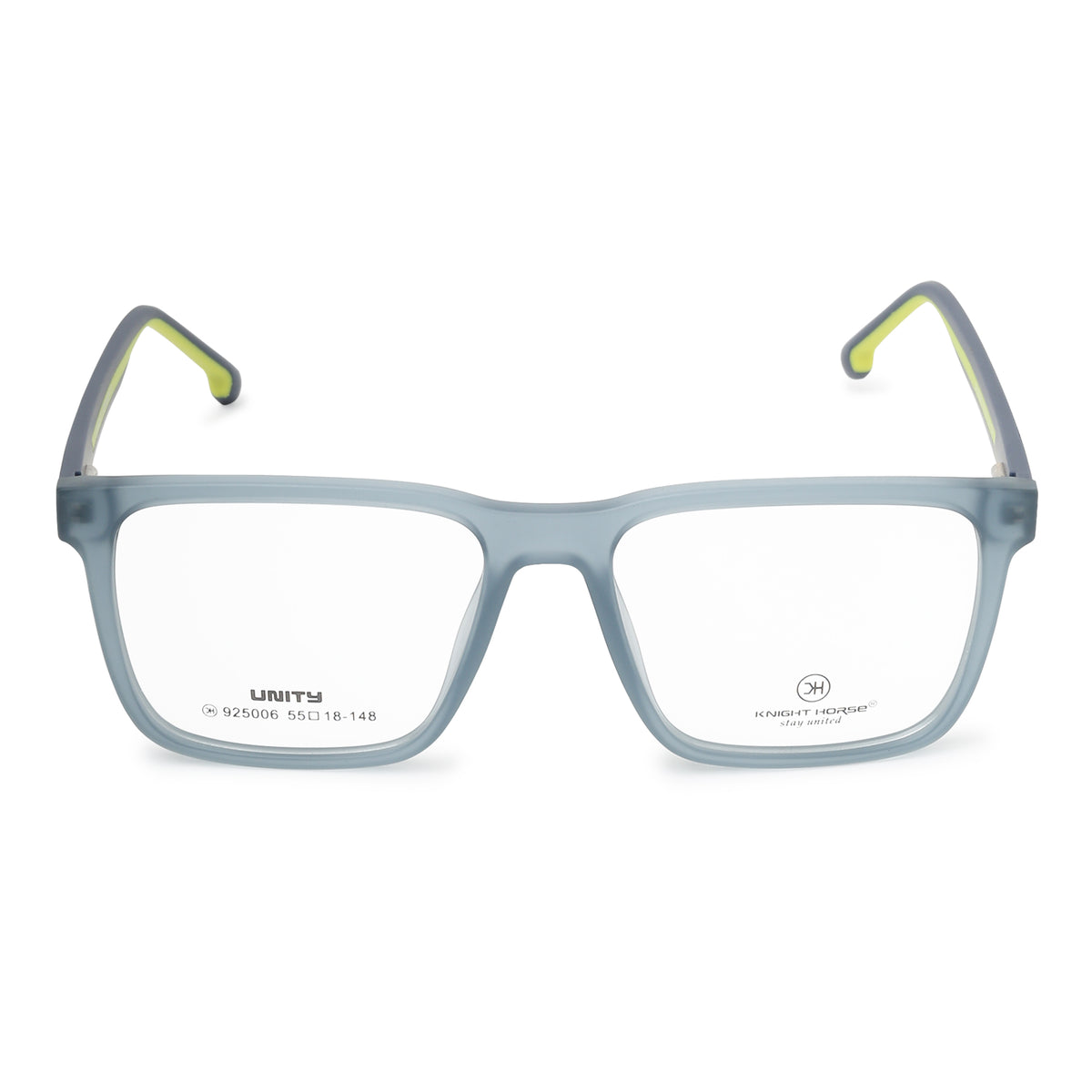 Unity Lightweight Square Spectacle Frame | Transparent Blue | Green Side | Spring Hinge