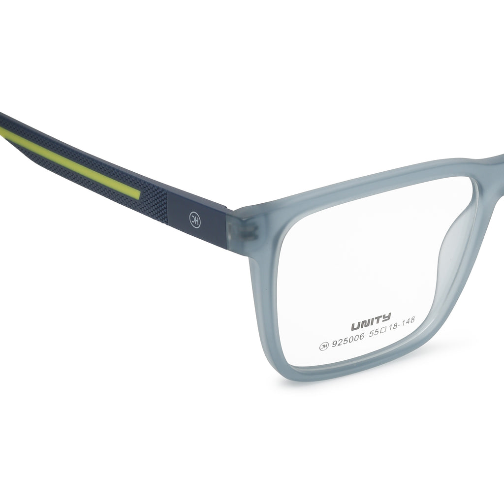 Unity Lightweight Square Spectacle Frame | Transparent Blue | Green Side | Spring Hinge